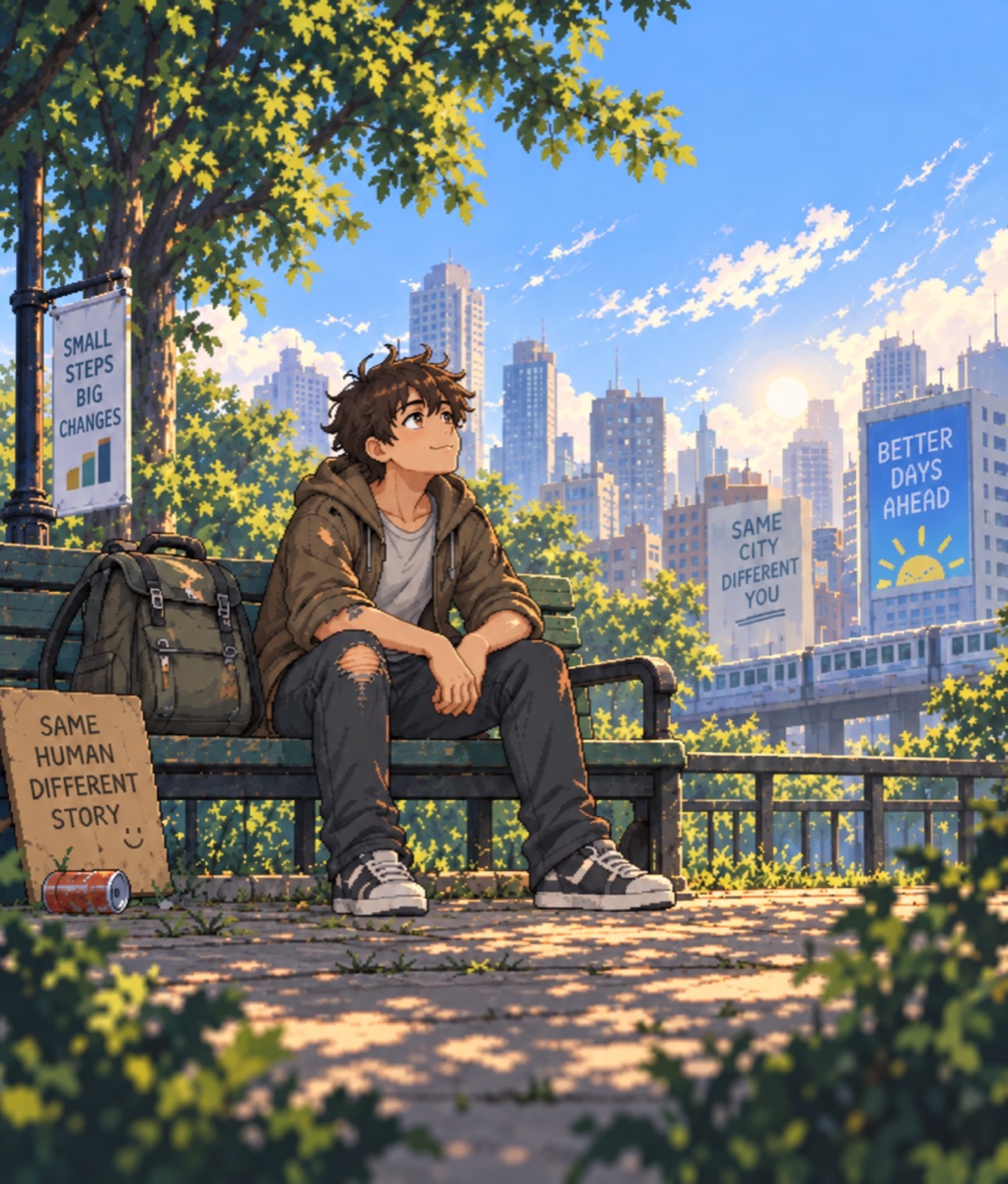Alex on a park bench with the city and a new day ahead of him